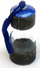 Bouteille artisanale en verre ornee de metal argente et pompon en Sabra - Modele Bleu flacon 35 ml