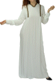 Abaya moderne blanche avec capuche et bandes noires dorees pour femme