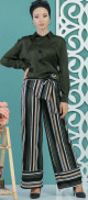 Pantalon femme a rayures blanches, noires, beiges et kakis (ceinture a motif)