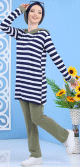 Ensemble decontracte pour femme : Pantalon Kaki + Tunique de couleur blanche a rayures bleues marines (2 pieces)