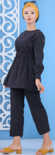 Ensemble tunique cintree et pantalon - Couleur noire (Vetement decontracte et moderne pour femme)