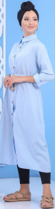 Tunique chemise longue avec cordon et boutons tout au long - Couleur Bleu ciel