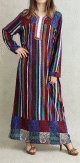 Robe d'interieur manches longues style pyjama a rayures multi-couleurs - Languette de couleur Bordeaux