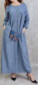 Robe longue effet tisse boutonnee avec poches pour femme - Couleur bleue jean