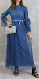 Robe de soiree longue a dentelle (en tulle) de couleur bleu