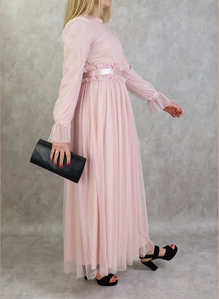 Robe de soirée pour femme voilée hijab longue manches longues en dentelle  et tulle vieux rose – lavalentinadress