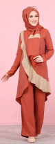 Ensemble ample 3 pieces : tunique - pantalon et voile assorti pour femme (Tenue Hijab mastour) - Couleur Brique