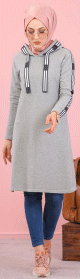 Sweatshirt long avec capuche style moderne decontracte et sport (Vetement voyage femme musulmane) - Couleur Gris