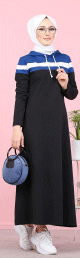 Robe decontractee a capuche de type sportwear - Vetement Hidjab pour femme musulmane - Couleur noir, blanc et bleu indigo