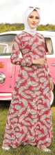 Robe longue imprimee motifs feuilles (Mode musulmane) - Couleur rose framboise