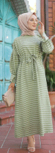 Robe longue a rayures avec ceinture pour femme voilee - Couleur Vert amande