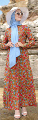 Robe musulmane longue a motif fleur multicouleur sur un fond de couleur Marron