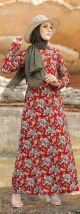 Robe longue fleurie sur un fond de couleur Grenat pour femme voilee (Boutique en ligne Modeste fashion France)