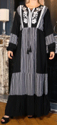 Robe coton a manches longues a rayures et broderies florales pour femme - Couleur noir