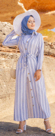 Robe chemise d'ete tres longue a rayures (Vetement femme musulmane chic) - Couleur bleu et blanc