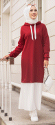 Robe longue a capuche effet plissee pour femme musulmane - Couleur bordeaux et blanc