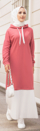 Robe longue a capuche effet plissee pour femme musulmane (Vetement moderne pour hijab) - Couleur rose et blanc