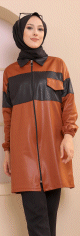 Veste zippee en skai simili-cuir pour femme (Vetement moderne Hijab) - Couleur brique