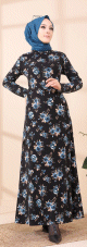 Robe longue a fleurs (Robes pour hijab) - Couleur noir et bleu