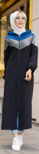 Cardigan long a capuche avec partie argentee - Robe zippee style sport pour femme voilee - Couleur noir, gris et bleu
