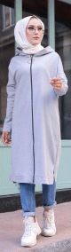 Cardigan Gilet long zippe style hijab sportswear col a capuche pour femme voilee - Couleur gris clair