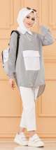 Tunique casual avec grande poche a l'avant (Vetements islamiques modernes) - Couleur des rayures : noir