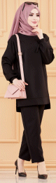 Ensemble tunique perlee et pantalon pour femme (Tenue Hijab style habille) - Couleur noir