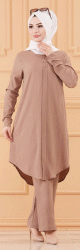 Ensemble ample pour femme : tunique et pantalon large (Vetement chic style habille pour femme musulmane) - Couleur beige fonce