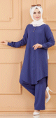 Ensemble ample pour femme : tunique et pantalon (Vetement chic style habille pour femme musulmane) - Couleur bleu petrole