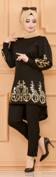 Ensemble de soiree avec arabesques dorees pour femme (Tenue hijab chic - Tunique et pantalon) - Couleur noir