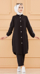 Ensemble casual moderne noir : Tunique boutonnee - chemise longue et son pantalon - Vetement Hijab ample pour femme