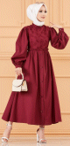 Robe en coton ample et evasee devant et dos brodes pour femme (Vetement mastour et habille pour hijab) - Couleur bordeaux