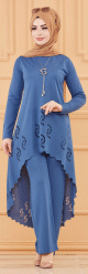 Ensemble decoupe au laser : Tunique et pantalon assorti (Tenue habillee pour hijab) - Couleur bleu indigo