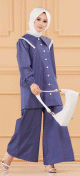 Ensemble casual deux pieces : tunique-chemise a dentelle et pantalon jupe large (Vetement habille pudique et ample pour hijab) - Couleur bleu marine