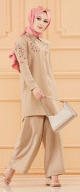 Ensemble chemise-tunique brodee et pantalon pour femme (Vetement style habille pour Hijab) - Couleur beige