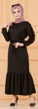 Robe classique evasee a volants pour femme avec ceinture (Robes pour femmes voilees) - Couleur noir