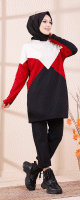 Tunique originale pour femme - Sweat-shirt tricolore - Couleur blanc noir et bordeaux