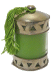 Photophore / Bougeoir en verre avec bougie cerclee de metal argente cisele termine d'un pompon en Sabra - Modele vert